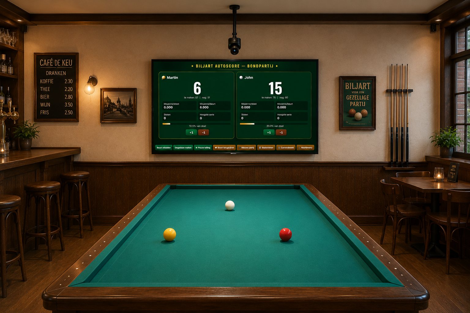 Biljart AutoScore in een café: camera boven de biljarttafel en live scorebord op de tv aan de muur